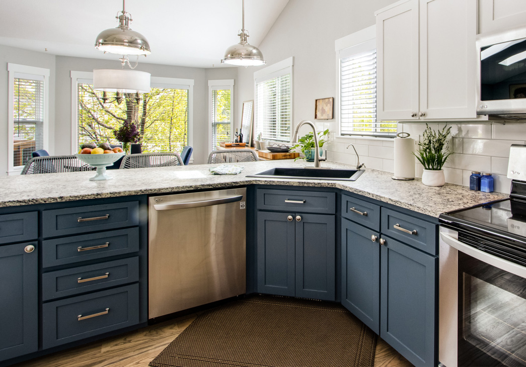 New cabinets doors painted blue with new hardware
